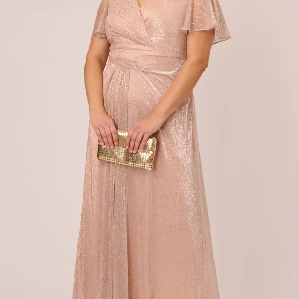 Adrianna Papell Pink Flutter Sleeve Wrap Gown